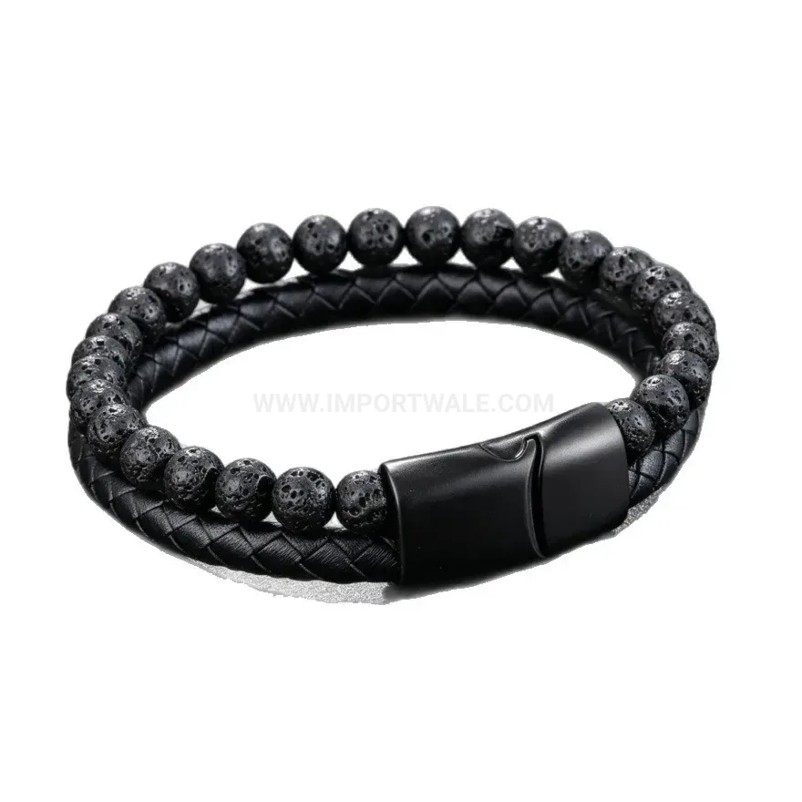 Chic Multi Strand Leather and Lava Stone Beaded Men's Bracelet