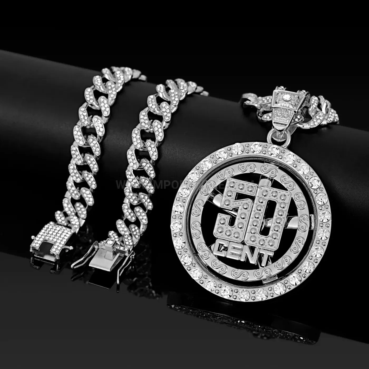 Bold Spinning Metal 50 CENT Letter Pendant Cuban Necklace