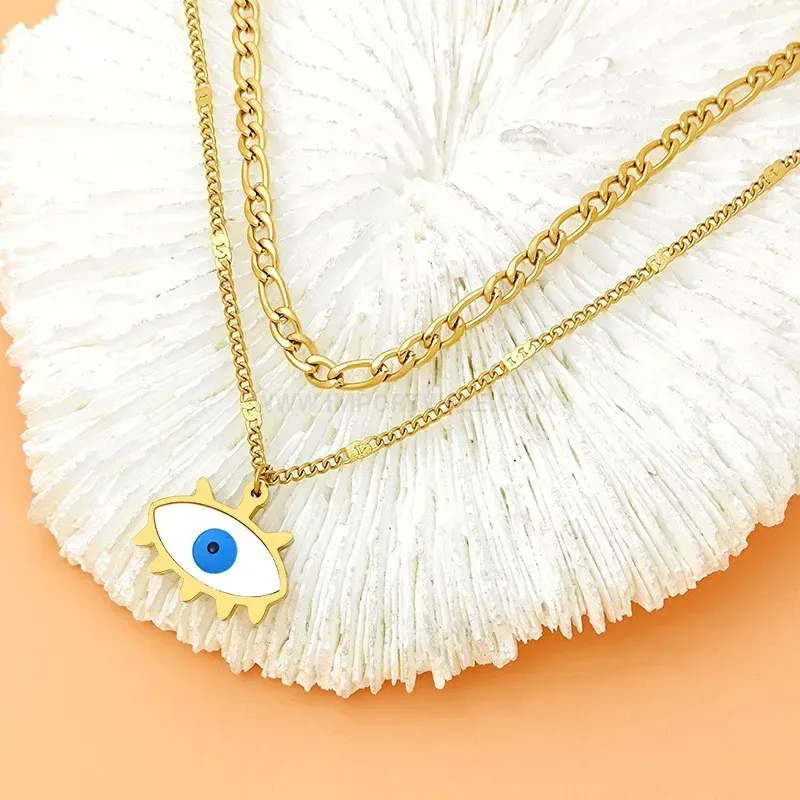 Chic Double Layered Gold Tone Titanium Steel Evil Eye Chain Necklace