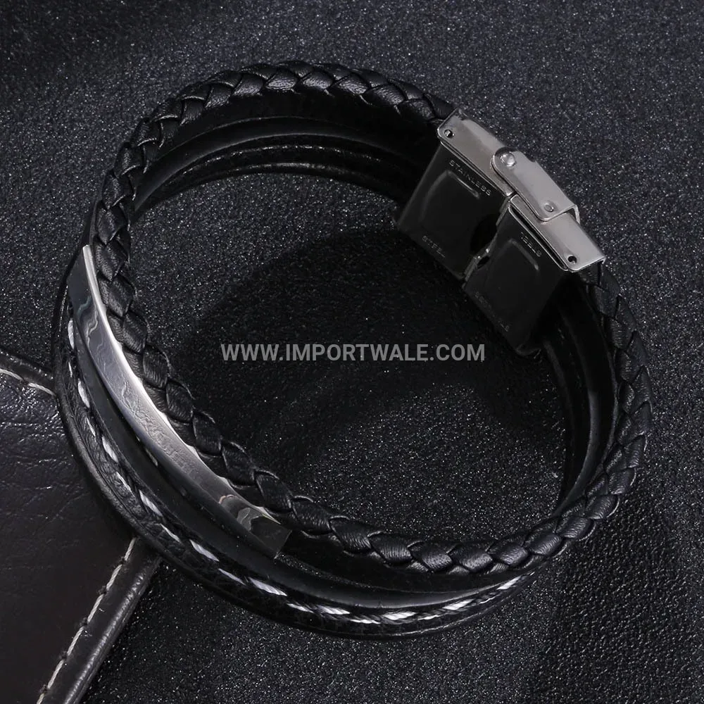 Braided Leather Wristband Bracelet with Stainless Steel Clasp