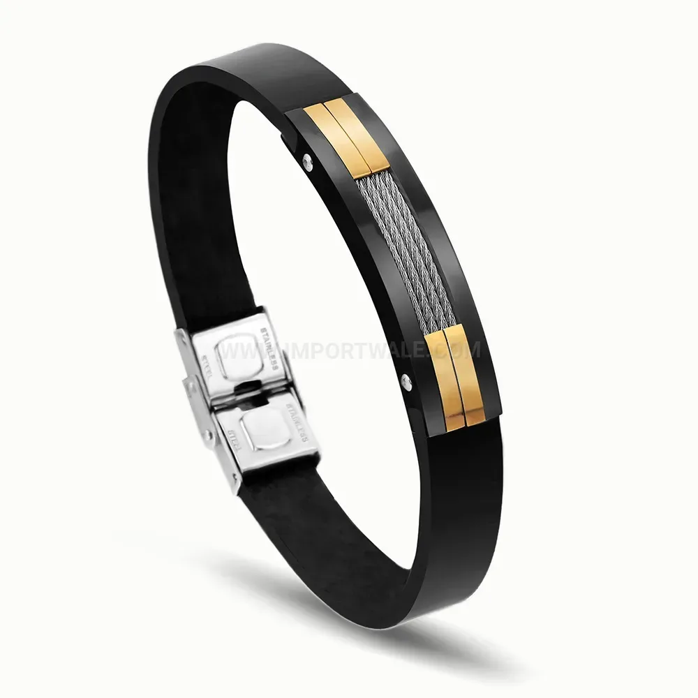 Retro 11mm Stainless Steel Two-Tone Black Leather Cord Bracelet