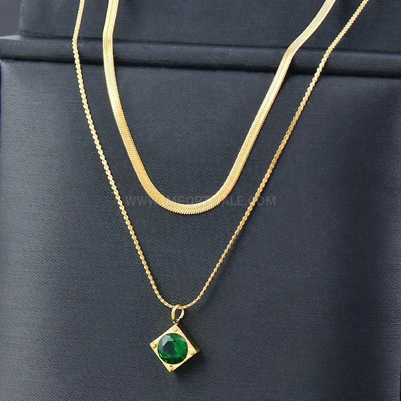 Double Layer Titanium Steel Chain Necklace with Green Square Crystal Pendant