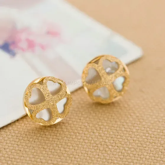 Chic Stainless Steel Heart Shell Inlay Frosted Stud Earrings