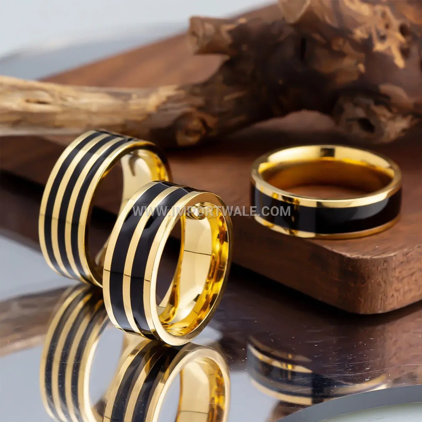Gold-Plated Stainless Steel Black Enamel Inlay Ring