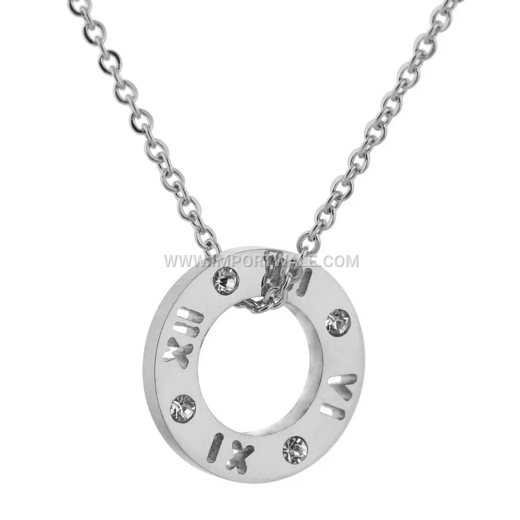 Stainless Steel Cutout Roman Numeral Rhinestone Circular Necklace