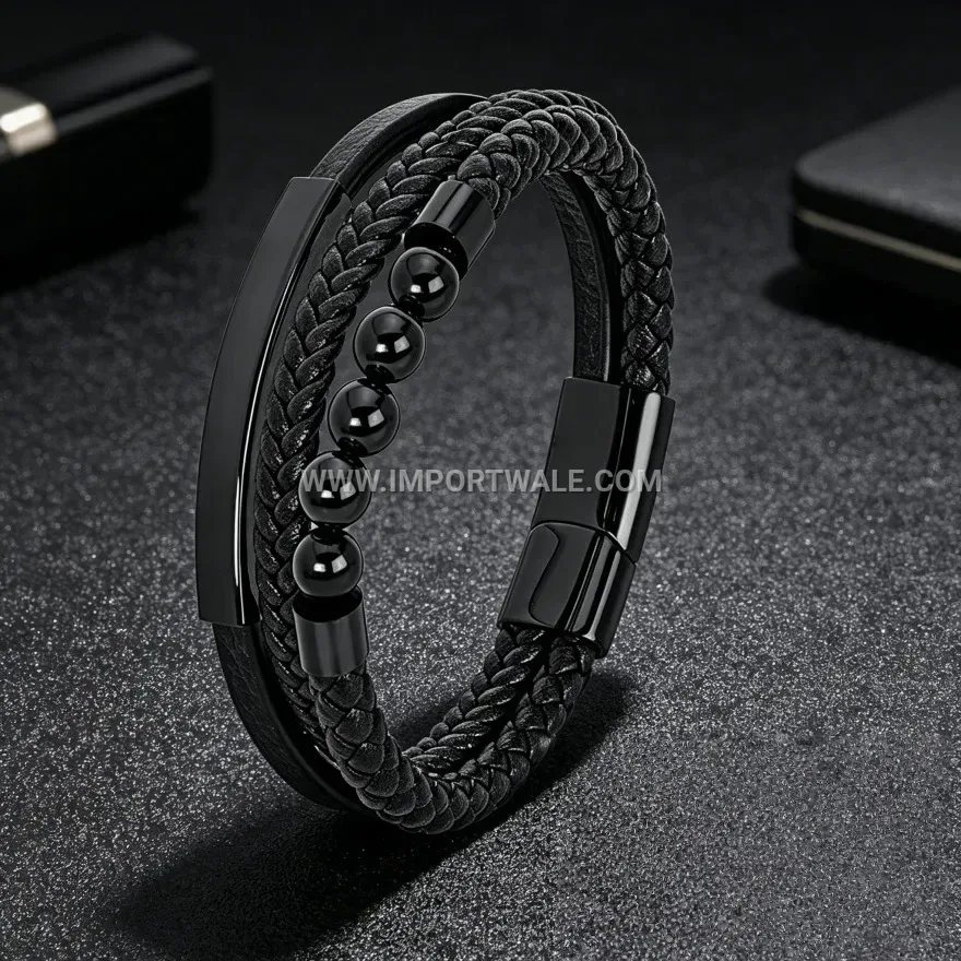 Dark Style Braided Leather Stainless Steel Magnetic Bracelet