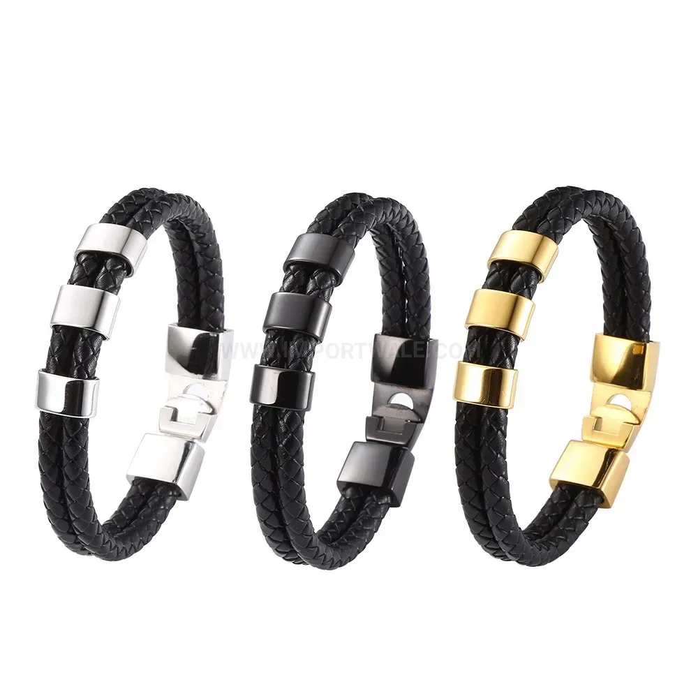 Customizable Double Layer Braided Leather Stainless Steel Bracelet