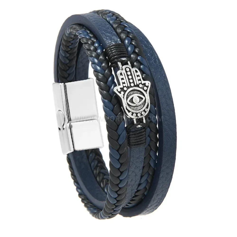 Bold Woven Leather Evil Eye Charm Bracelet with Magnetic Clasp