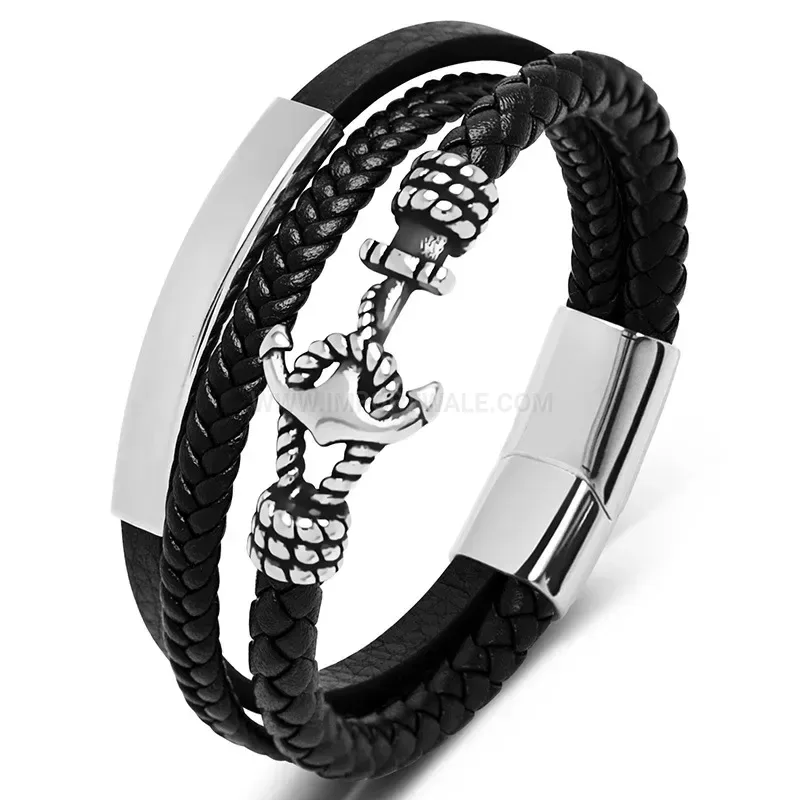 Premium Handcrafted Stainless Steel Anchor Hook Two-Tone Leather Bracelet