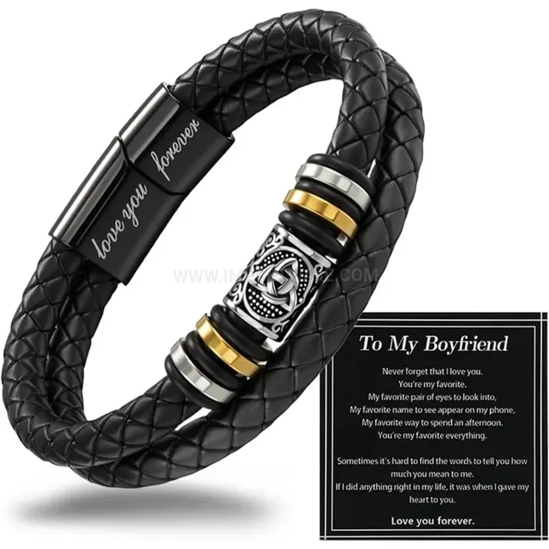 Classic Braided Leather Stainless Steel Magnetic Bracelet With Gift Card