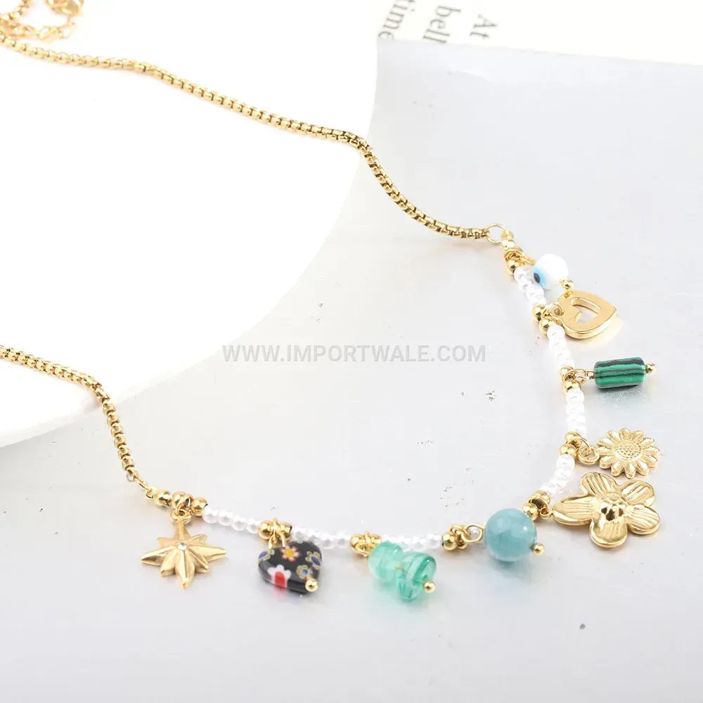 Stainless Steel Beaded Heart Pendant Necklace with Gemstones and Pearls