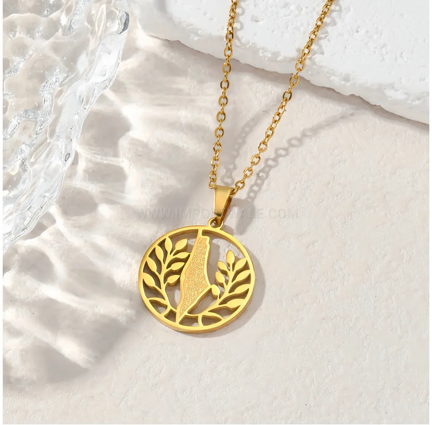 Designer Stainless Steel Palestine Map and Olive Branch Pendant Necklace