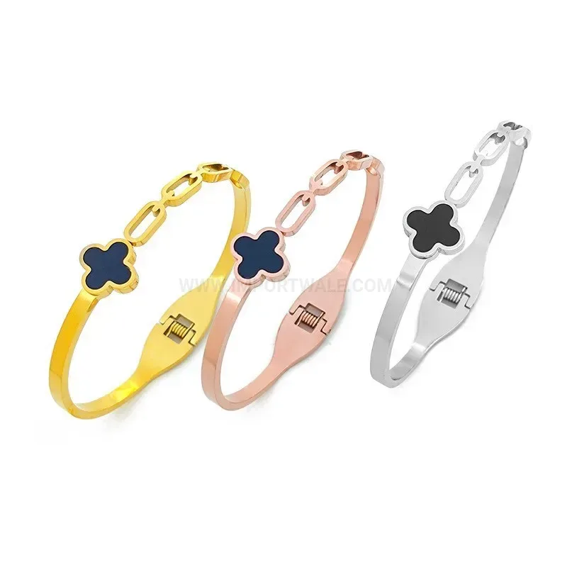 Modern Mother of Pearl Four Leaf Clover Stainless Steel Bangle