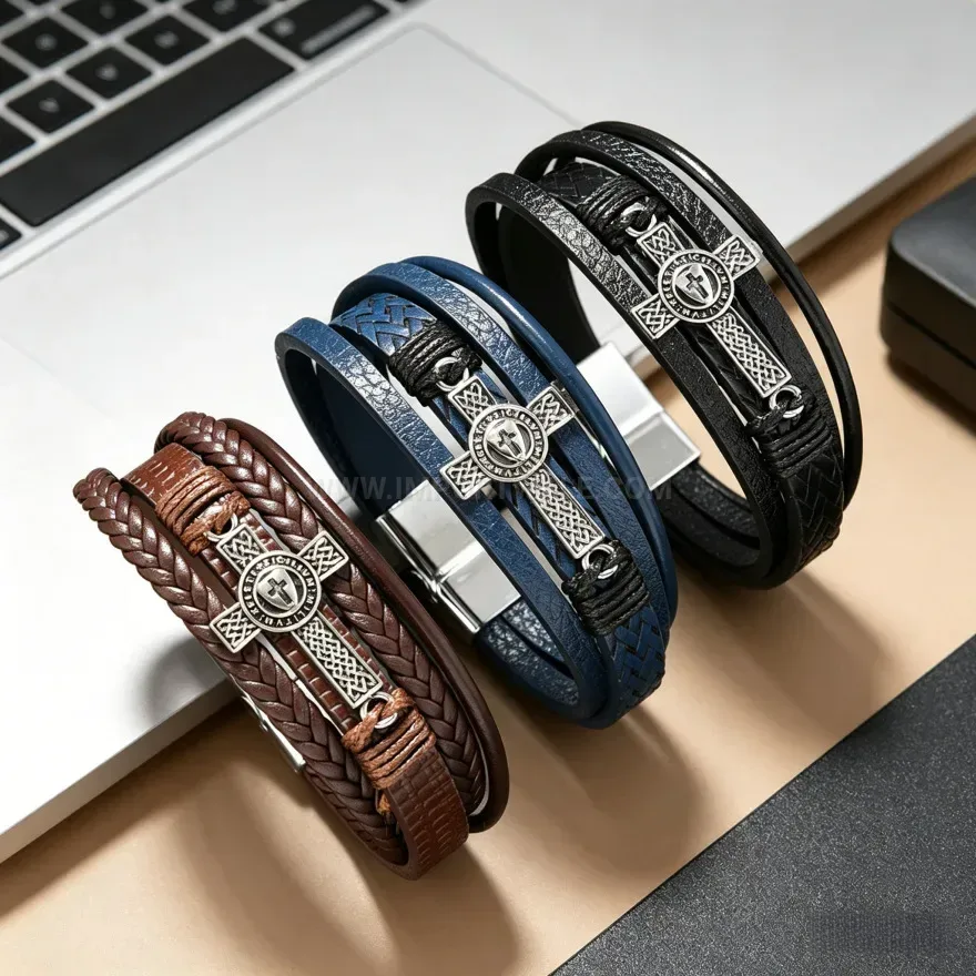 Trendy Multi Layer Braided Leather Cross Accent Bracelet