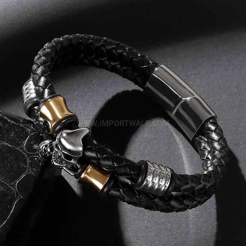 Classic Double Wrap Leather Rose Skull Bracelet in Stainless Steel