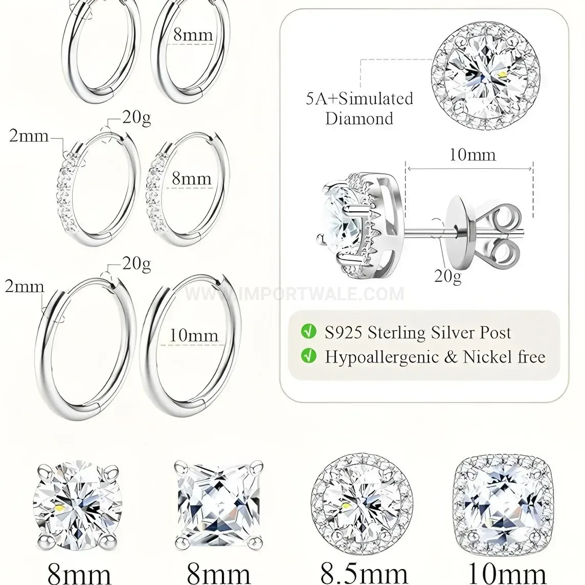 Fashion Sparkling Cubic Zirconia Stainless Steel Piercing Earring Set