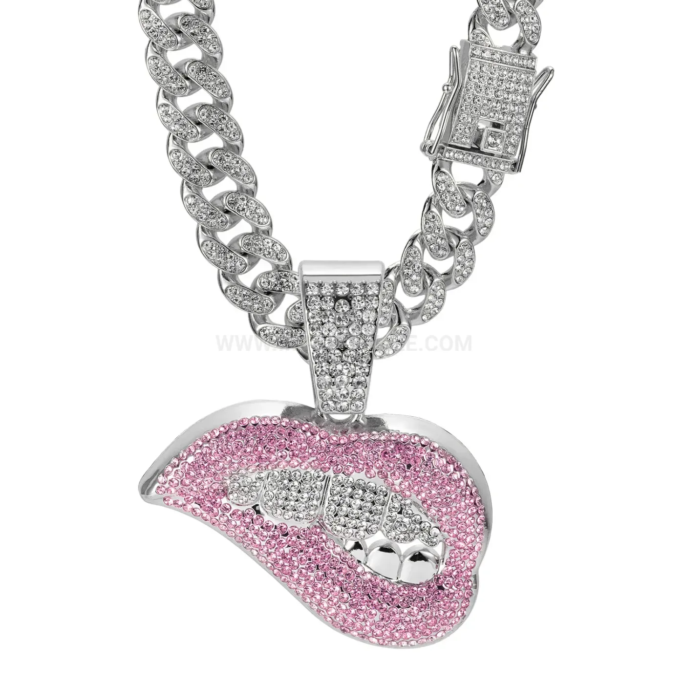 Rhinestone Lip Pendant with Zinc Alloy Cuban Link Chain