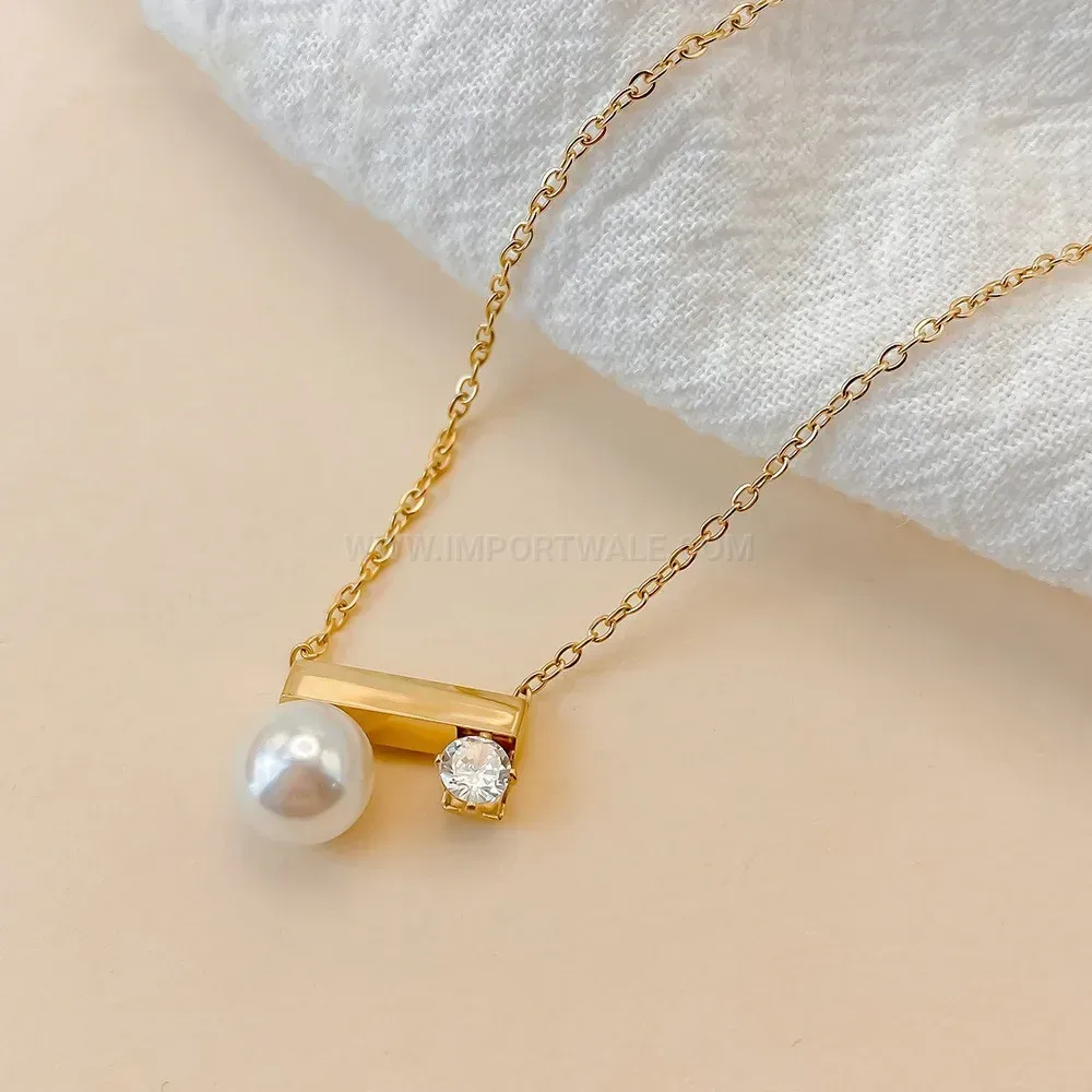 Modern Stainless Steel Pearl and Crystal Layered Bar Pendant Necklace