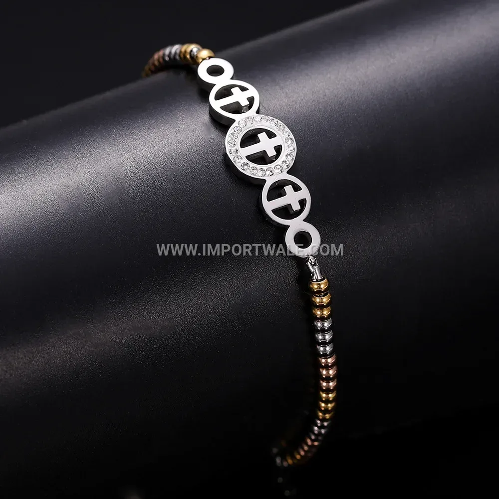 Stainless Steel Rhinestone Cross Charm Adjustable Bracelet