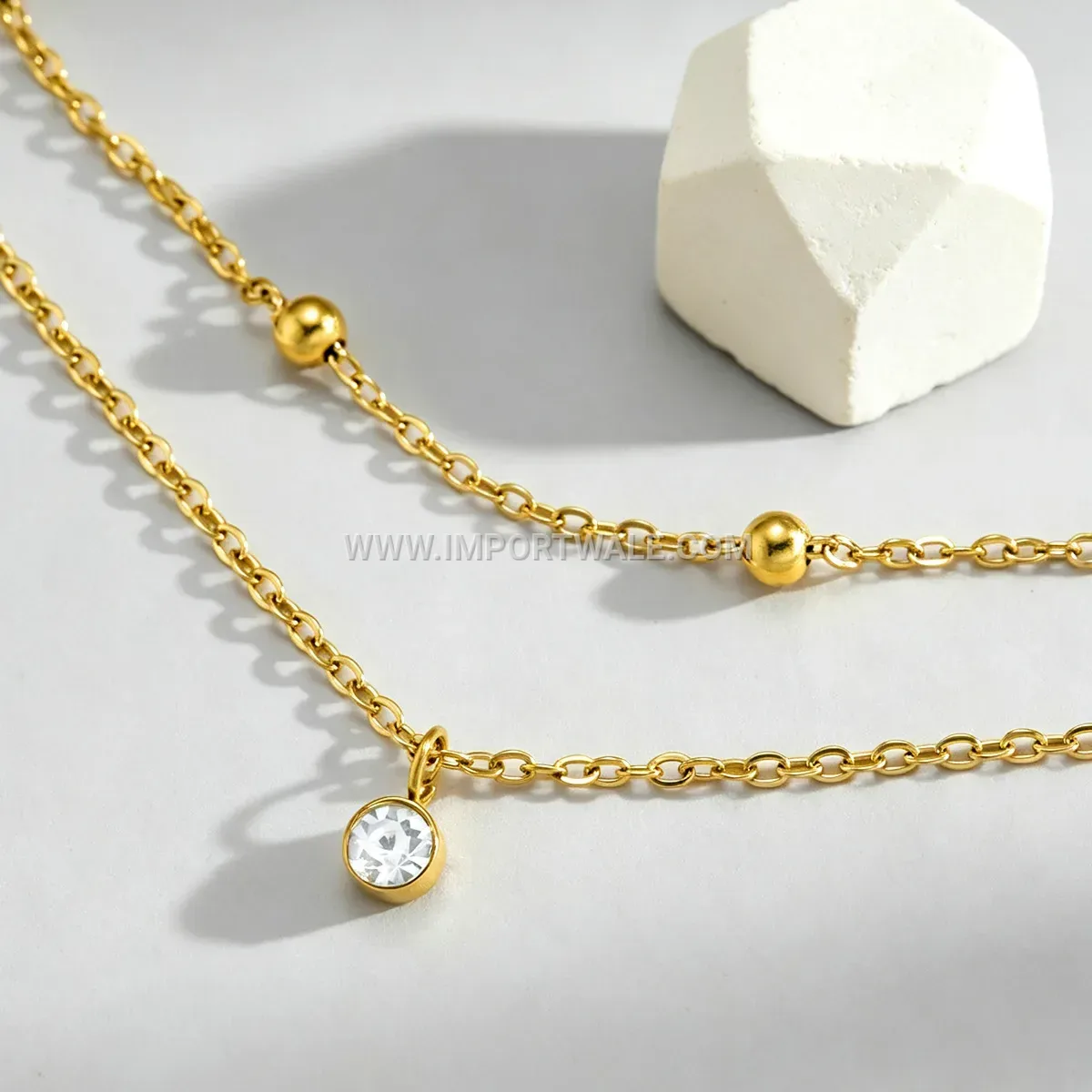 Gold Plated Stainless Steel Layered Solitaire Crystal Anklet