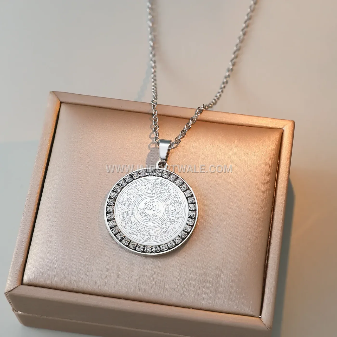 Gold Plated Stainless Steel Allah Pendant Necklace With Zircon Accent
