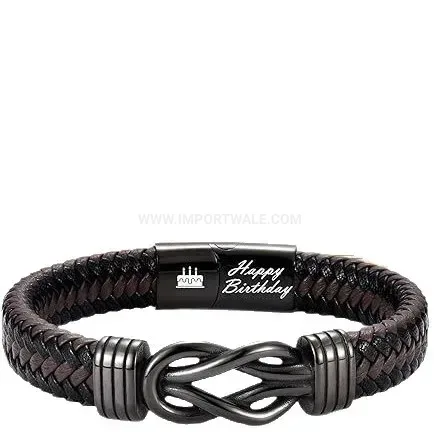 Men Dark Style Engraved Braided Leather Infinity Bracelet with Magnetic Clasp