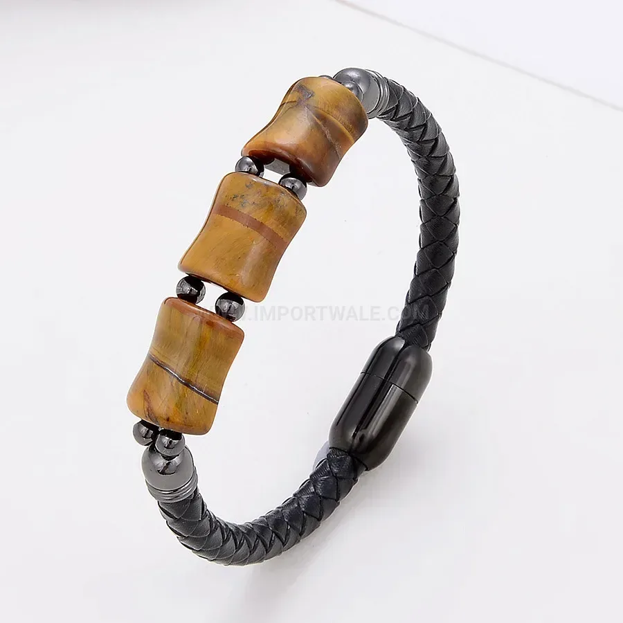 Braided Leather Wristband with Tiger Eye Stone and Stainless Steel Clasp