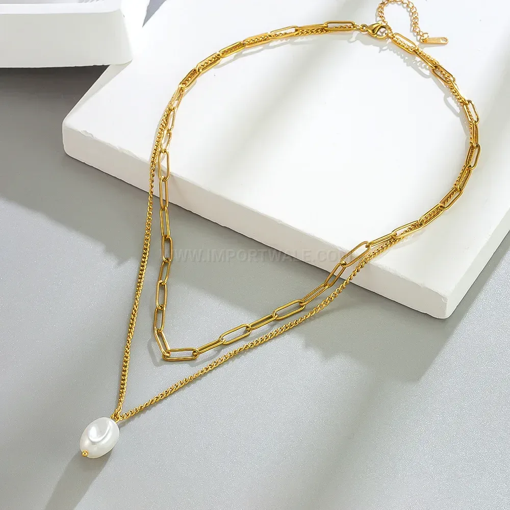 Designer Double Layer Pearl Pendant Gold Stainless Steel Snake Chain Necklace