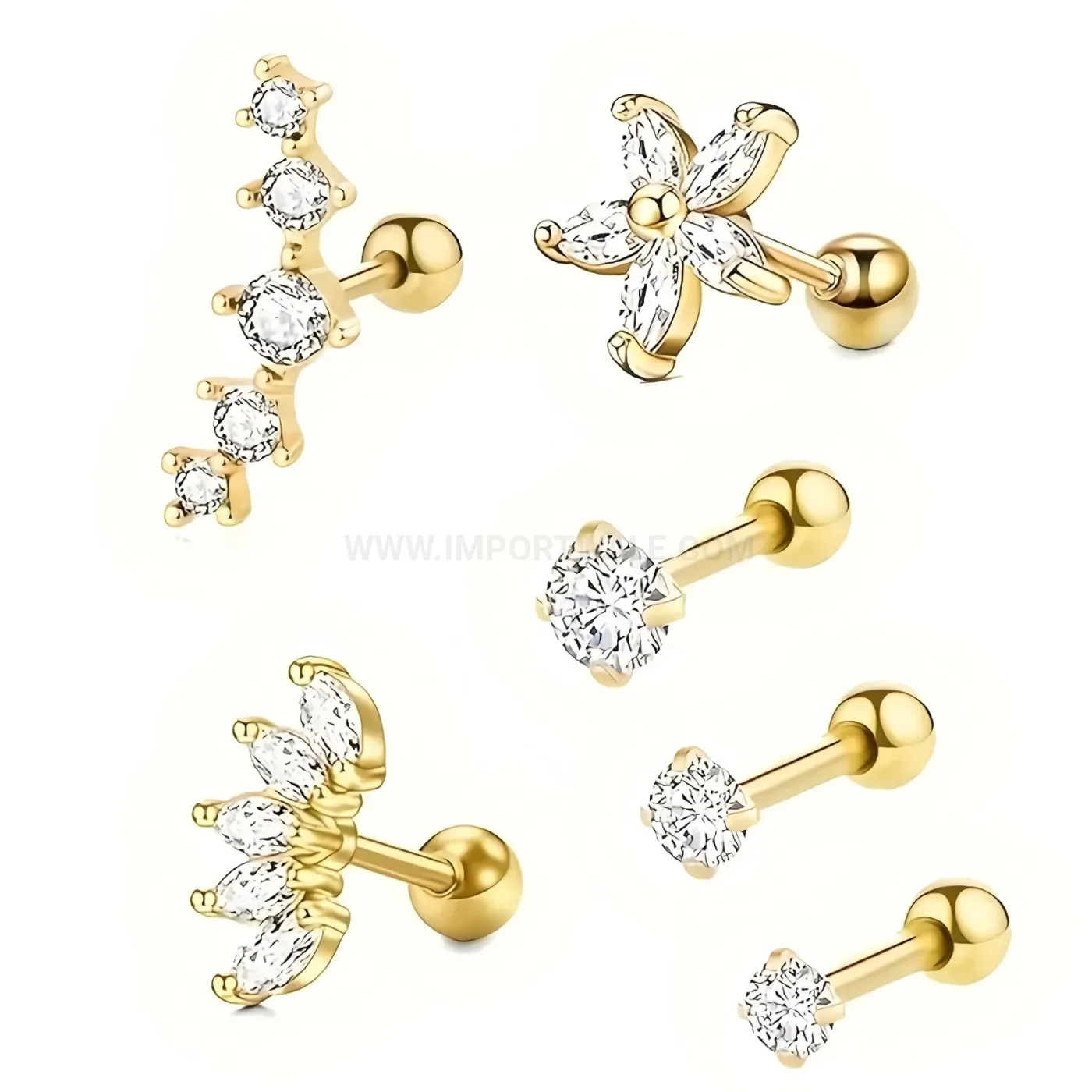 Elegant Stainless Steel Floral Vine Crystal Threaded Piercing Stud Set