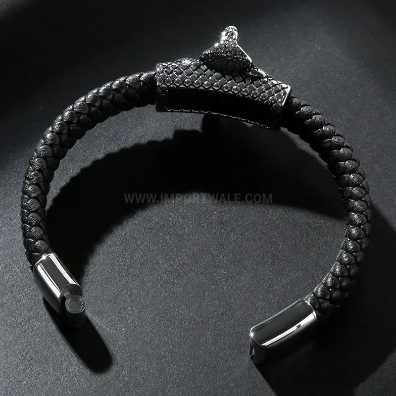 Modern Cobra Emblem Stainless Steel Genuine Leather Men Bracelet