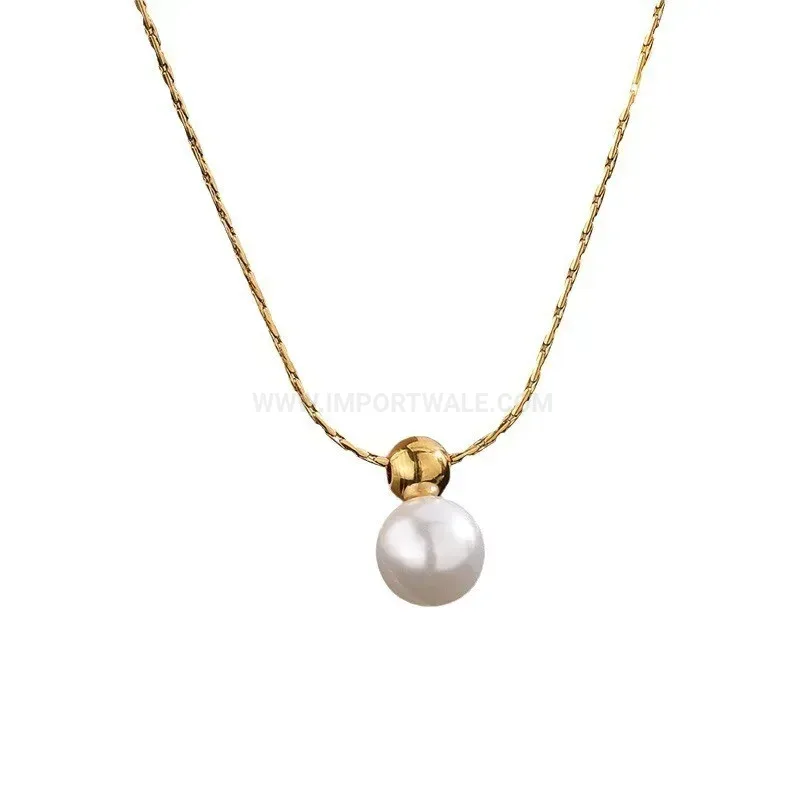 Bold French Style Artificial Pearl Pendant Titanium Steel O-Chain Necklace