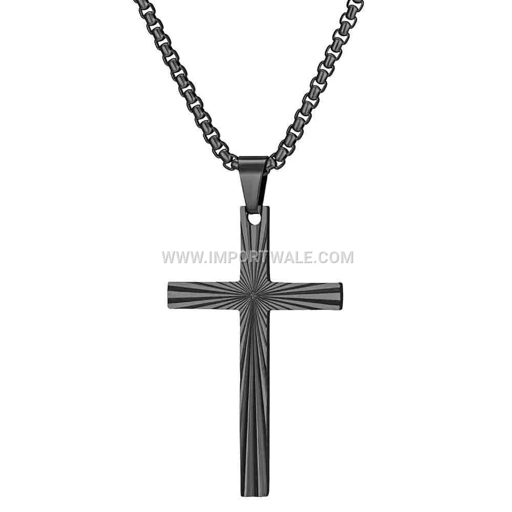 Vintage Striped Stainless Steel Cross Pendant Necklace