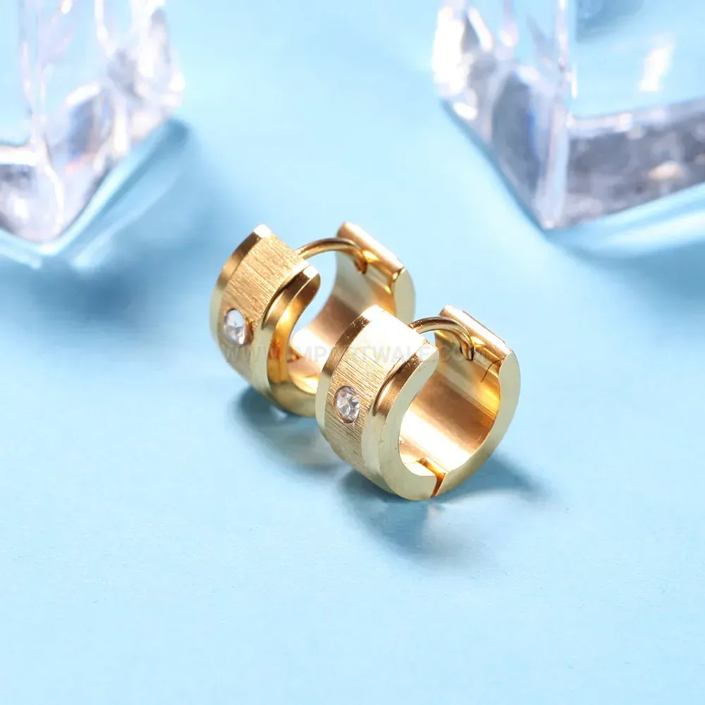 Modern Brushed Stainless Steel Zirconia Huggie Hoop Earrings