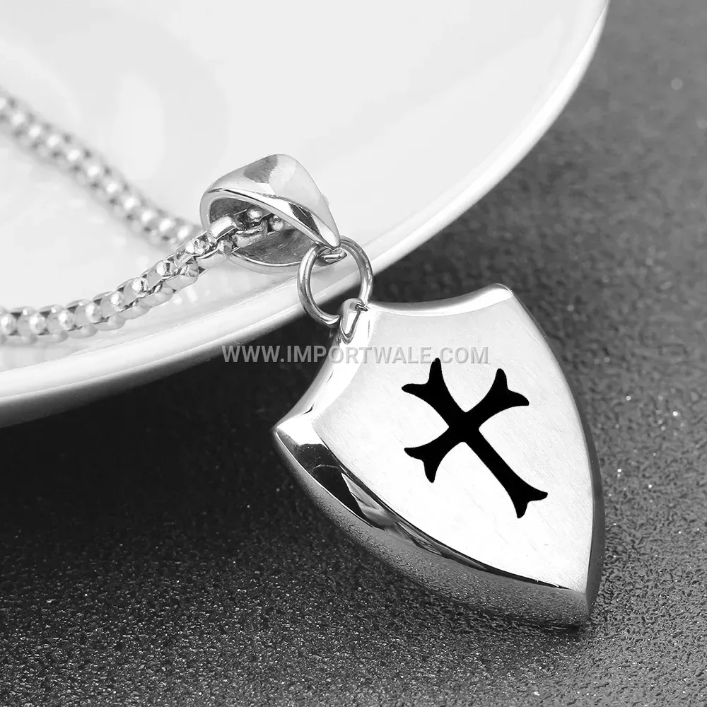 Engraved Shield Cross Stainless Steel Pendant Necklace