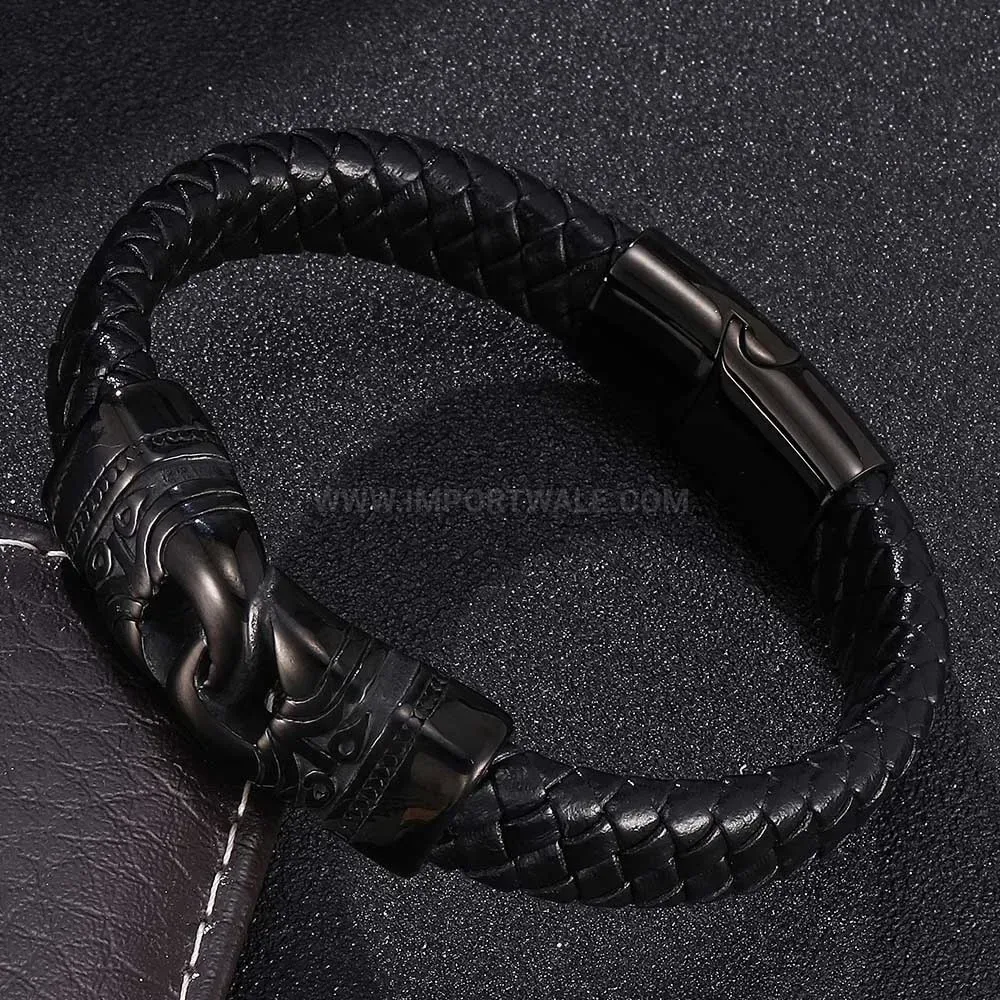 Handcrafted Black Braided Leather Bracelet With Black Stainless Steel