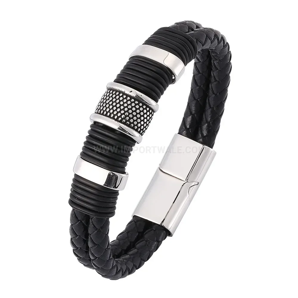 Fashion Braided Leather Stainless Steel Magnetic Clasp Geometric Wrap Wristband