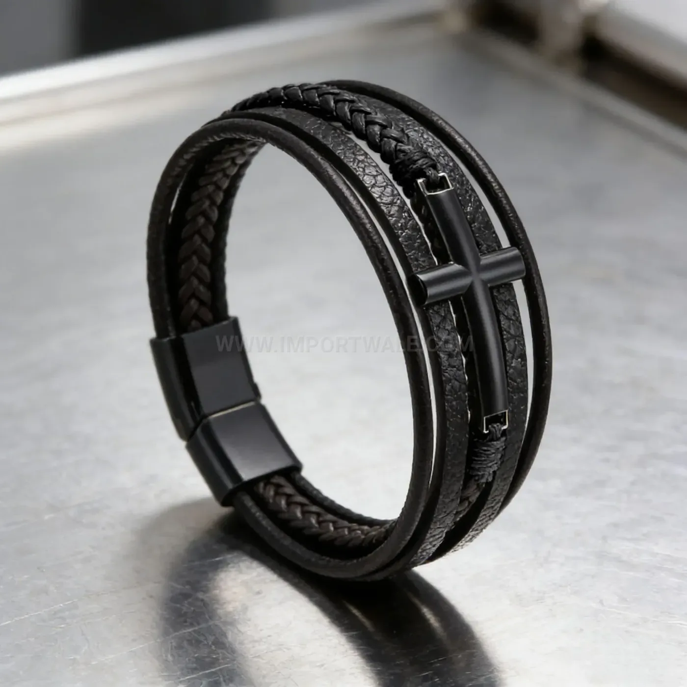 Bold Multi Layer Woven Leather Cross Bracelet With Alloy Clasp