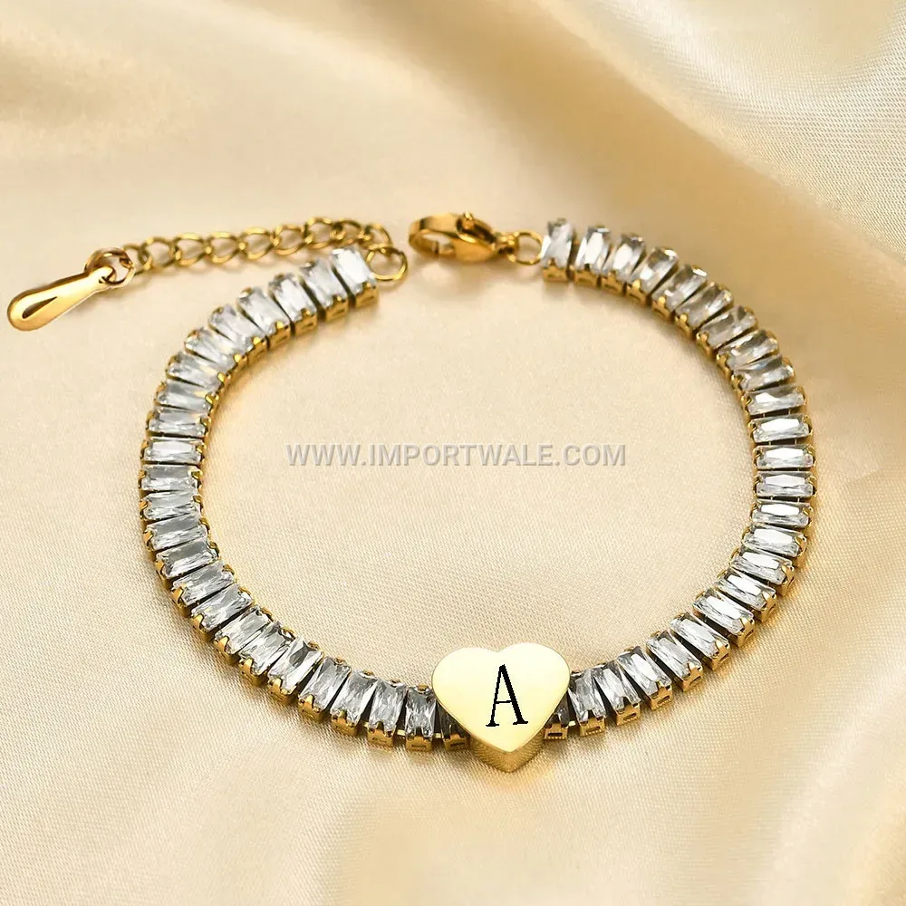Gold Plated Stainless Steel Cubic Zirconia Heart Alphabet Bracelet