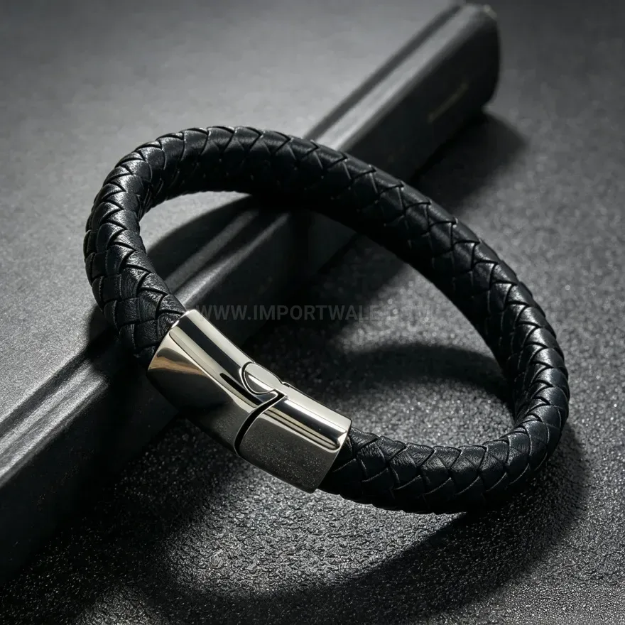 Trendy Braided Leather Stainless Steel Magnetic Clasp Wristband