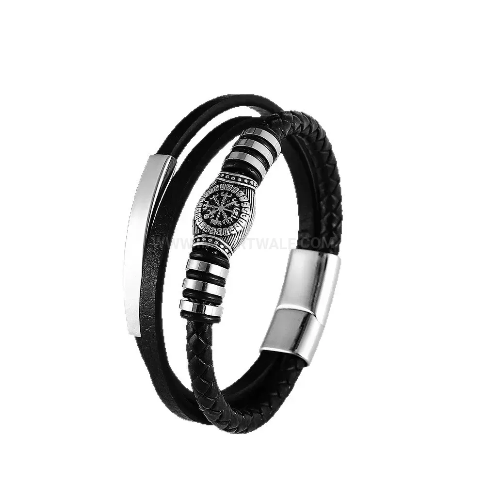 Multi-Layer Braided Black Leather Stainless Steel Viking Clasp Bracelet