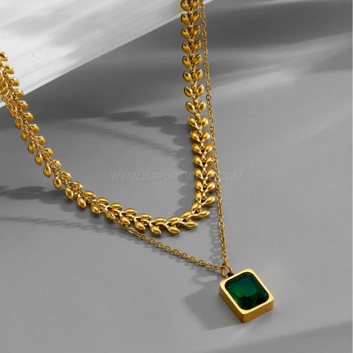 Trendy Layered Titanium Steel Emerald Zircon Pendant Necklace