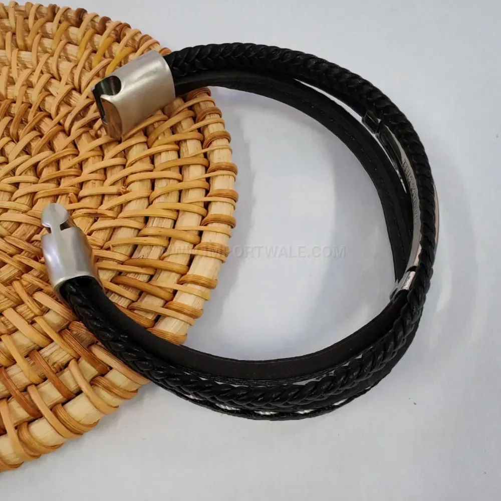 Multi Strand Leather Wristband with Stainless Steel Magnetic Clasp