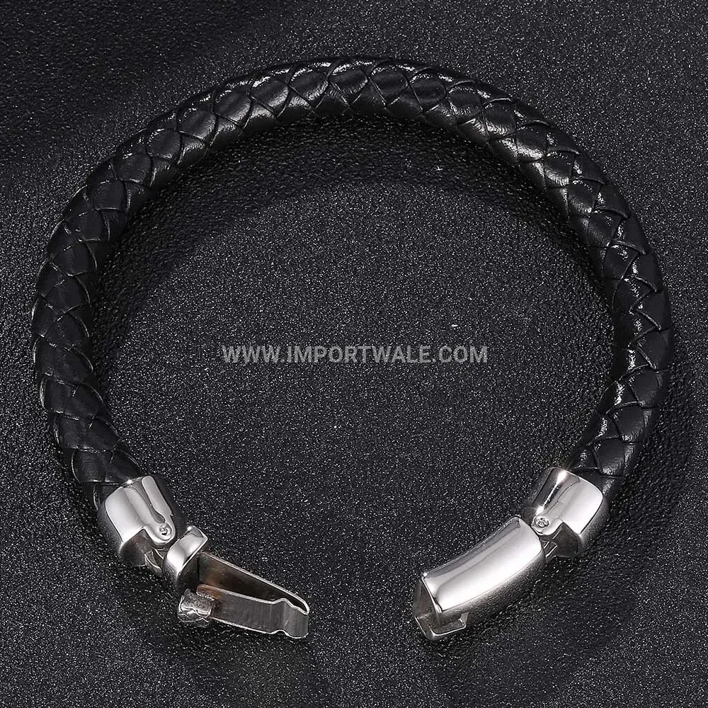Men's Handcrafted Braided Leather Stainless Steel Snap Clasp Wristband