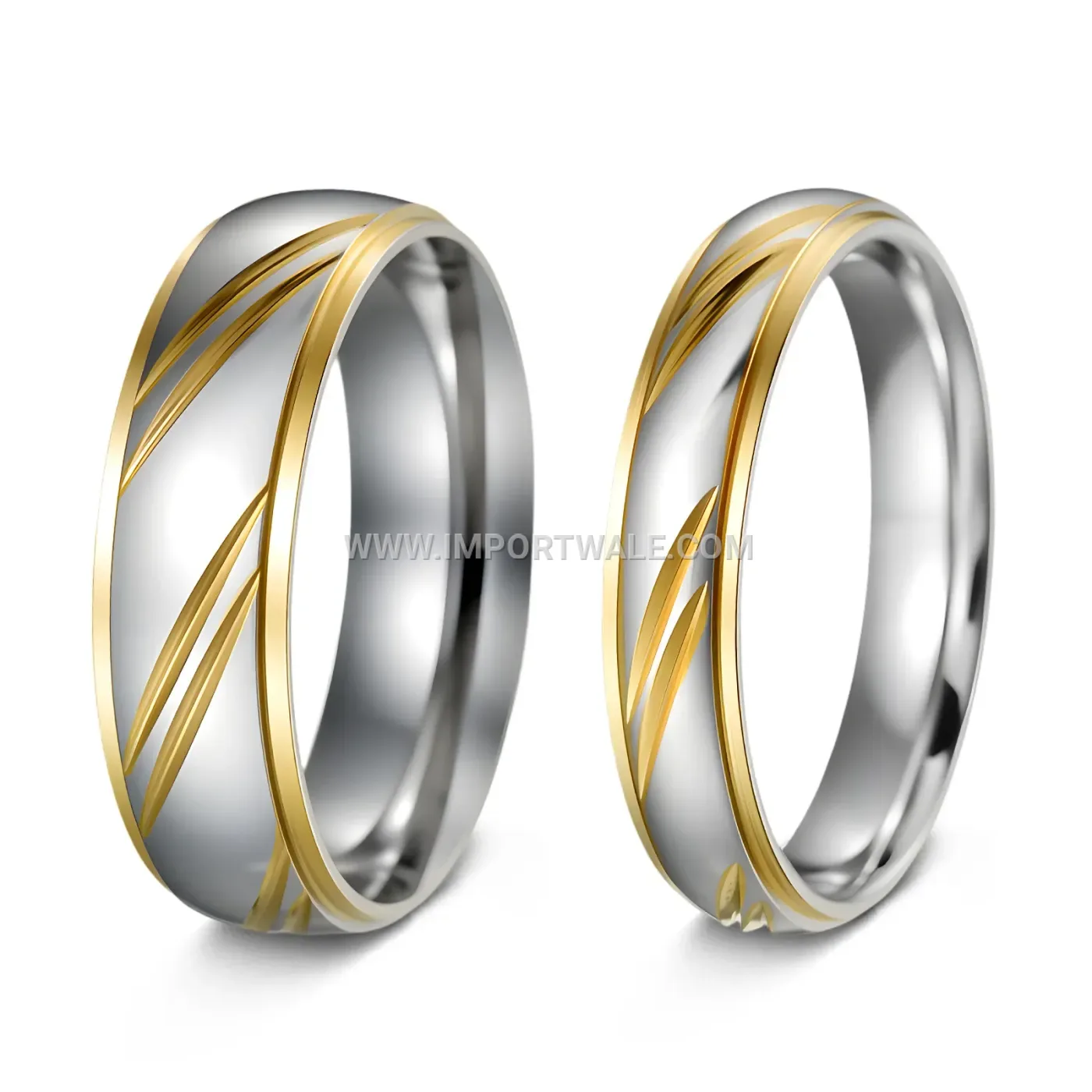 Gold Plated Stainless Steel Diagonal Wave Matching Wedding Band