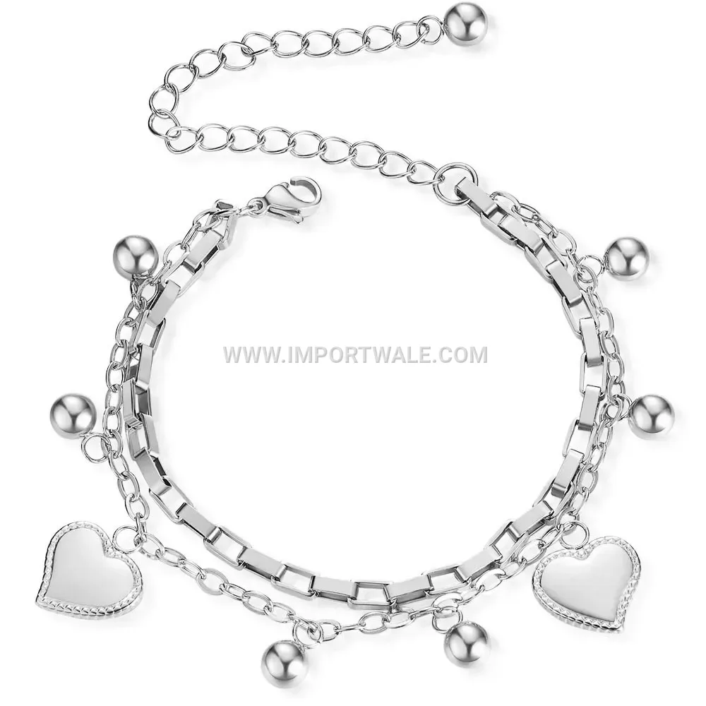 Multi Strand Heart Charm Bead Stainless Steel Bracelet