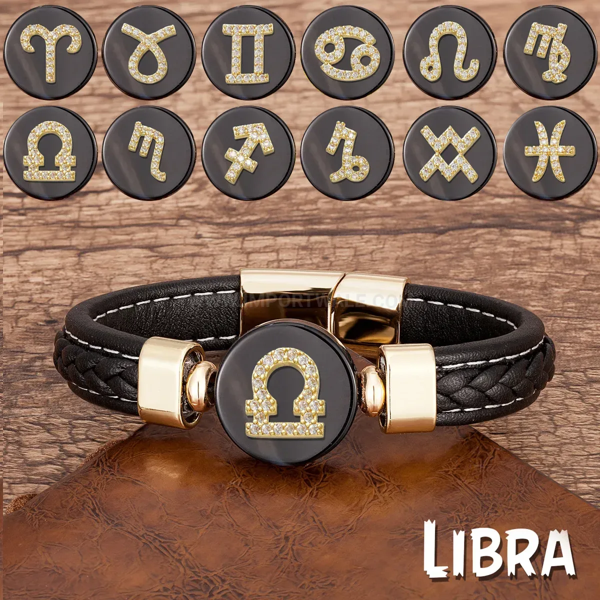 Zodiac Woven Leather Bracelet with Stainless Steel Clasp