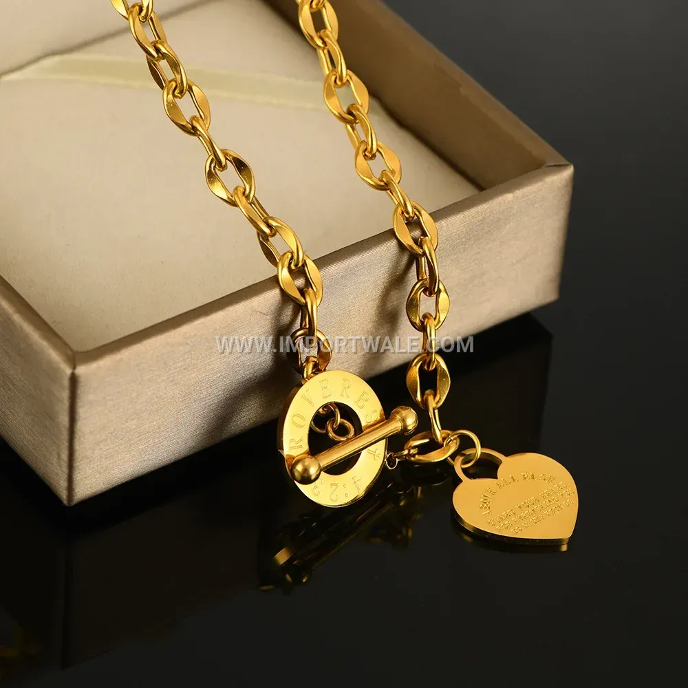 Hollow Heart Roman Numerals OT Clasp Stainless Steel Necklace