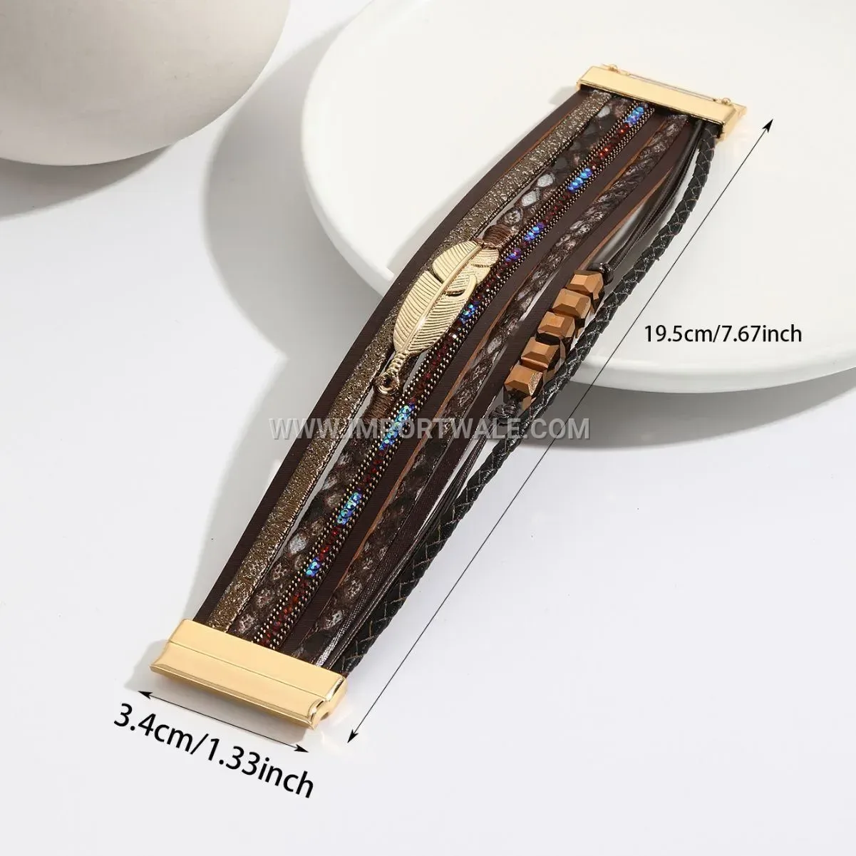 Handwoven PU Leather Feather Charm Magnetic Bracelet