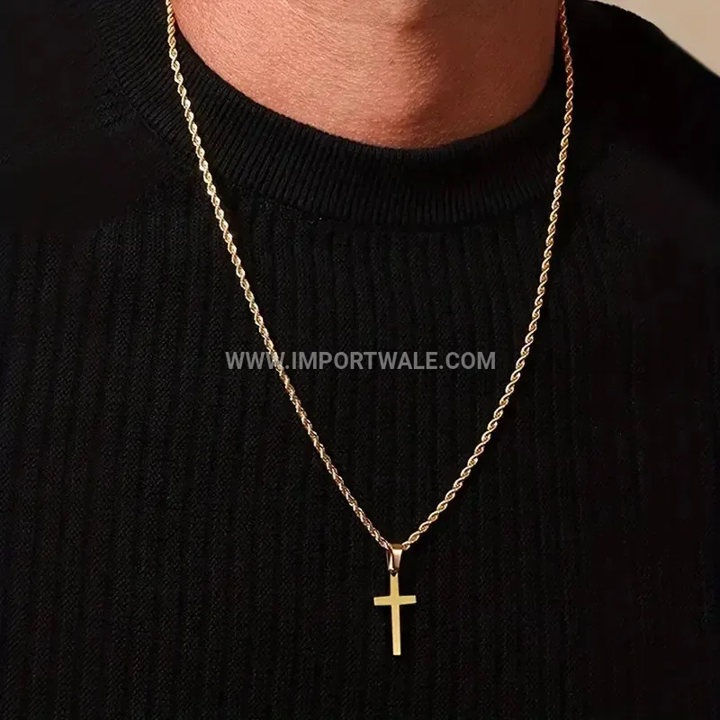 Stainless Steel Cross Pendant Necklace with Braided Rope Chain