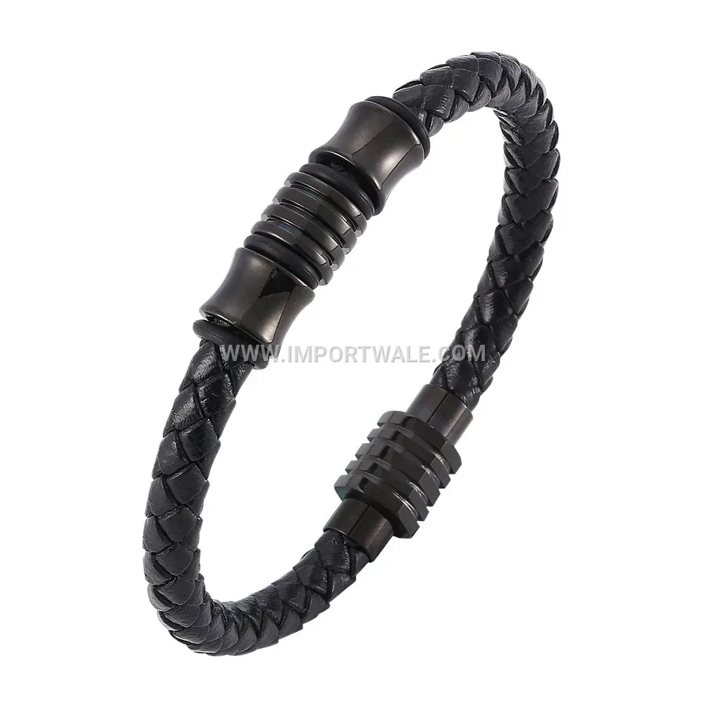 Woven Black Leather Wristband with Stainless Steel Magnetic Clasp